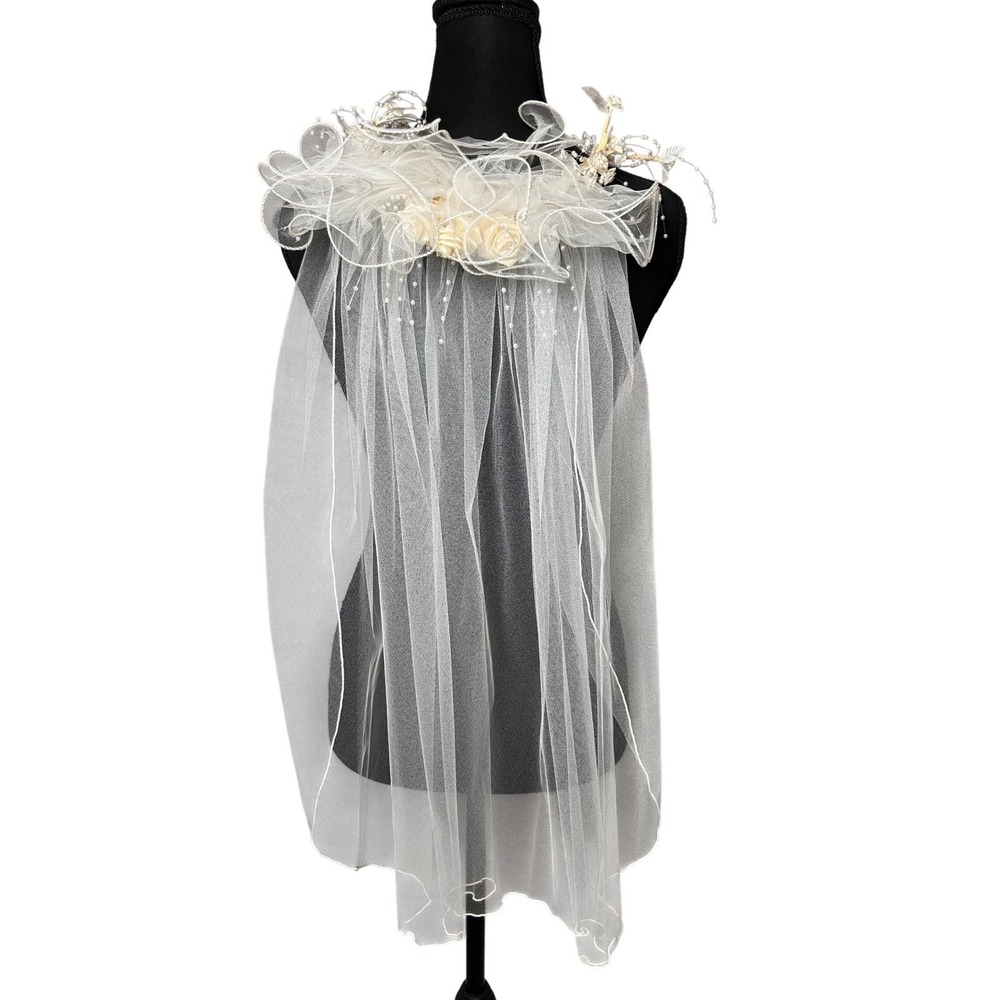 Retro 80s Inspired Ivory Floral Pearl Headband Bridal Veil Wedding Tulle